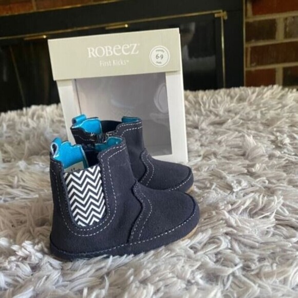 Robeez First Kicks Maddox Navy Leather Boot 6-9 Months Zipper New - Picture 9 of 16